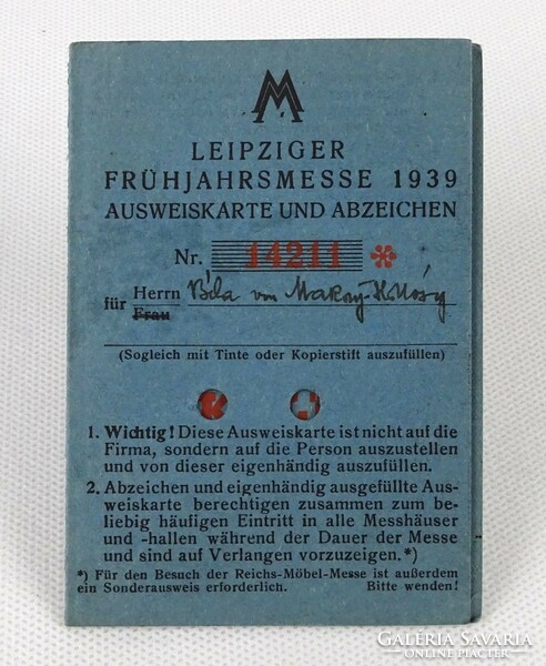 1O278 old Leipzig spring fair entry card 1939 leipziger frühjahrsmesse 1939