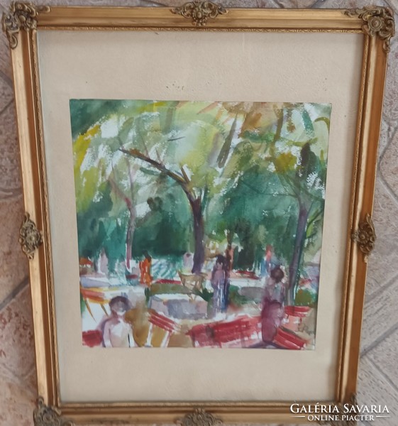 Parkban - jelzett akvarell festmény blondel keretben