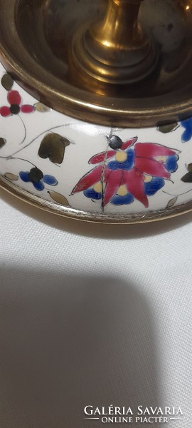Kézzel festett porcelán tintatartó és gyertyatartó pár fém szerelékkel