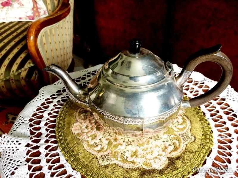 Fabulous, antique, 100-year-old silver-plated tin tea or coffee pot with wooden handles