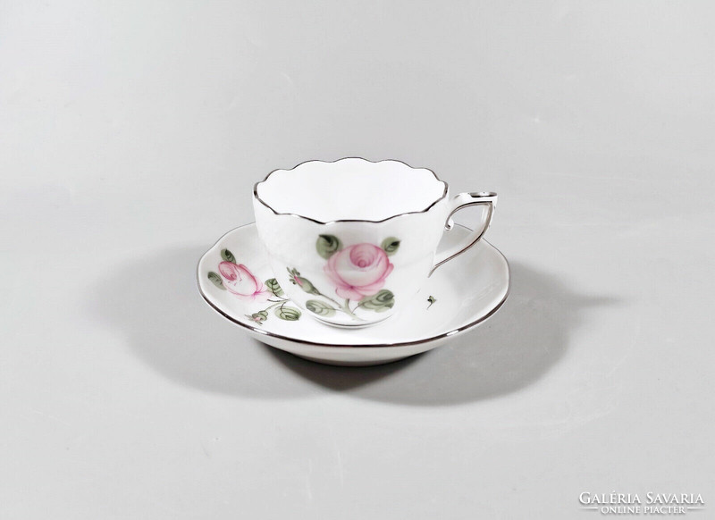 Herend, Viennese rose patterned platinum coffee cup and saucer, hand-painted porcelain! (K008)