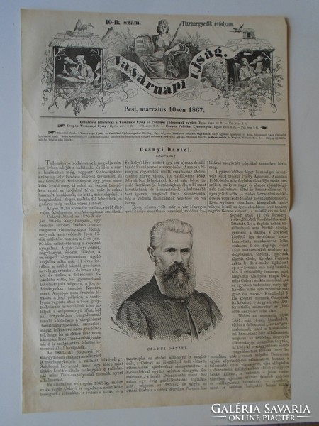 S0569 CSÁNYI DÁNIEL Nagybánya Máramarossziget  -  fametszet és cikk -1867-es újság  címlapja