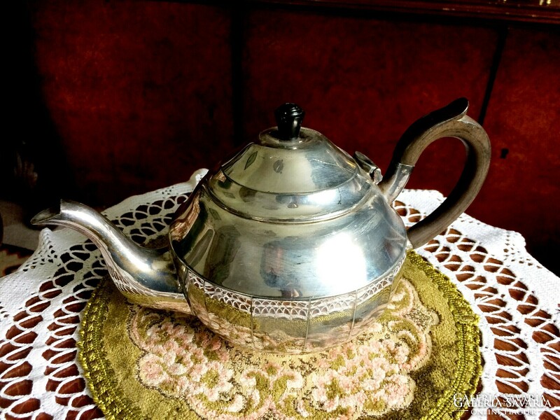 Fabulous, antique, 100-year-old silver-plated tin tea or coffee pot with wooden handles