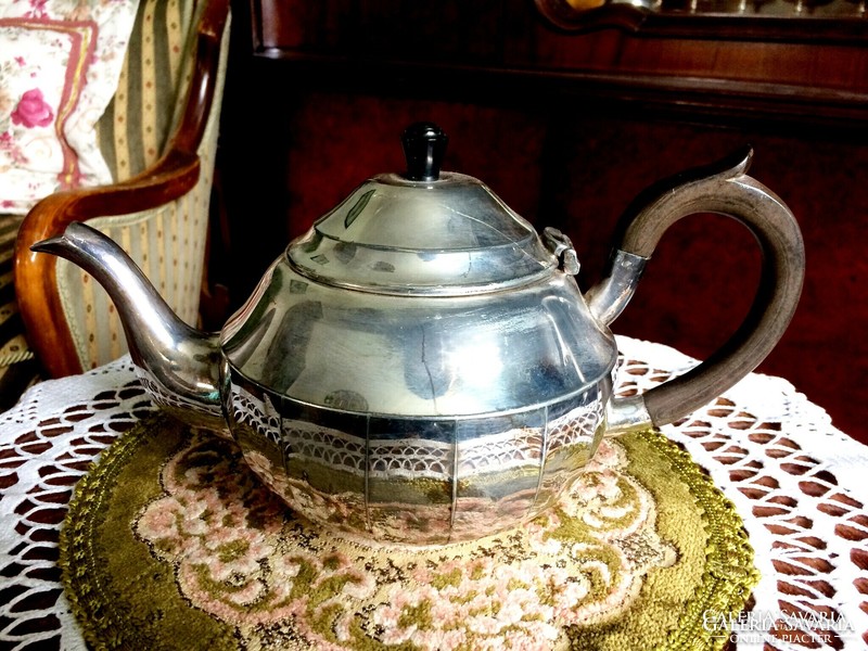 Fabulous, antique, 100-year-old silver-plated tin tea or coffee pot with wooden handles