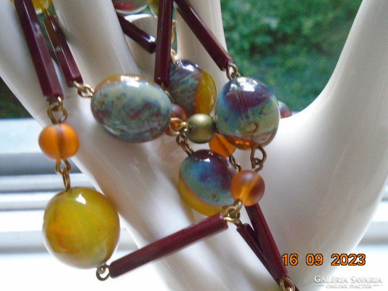 Handmade from Murano colorful individual pearls and 6 square tube pearls, neck blue