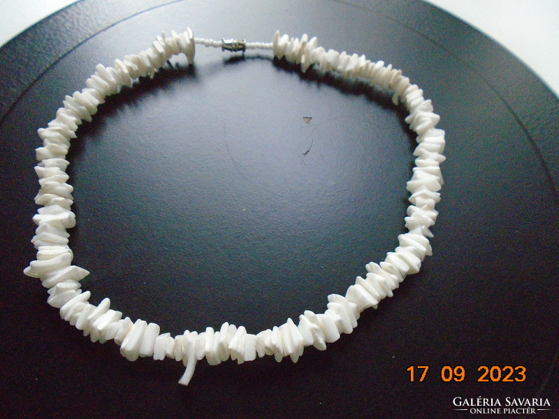 White seashell necklace tightly strung with a screw clasp