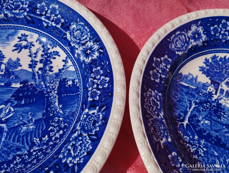 Antik angol jelenetes porcelán mély tányér, 2 darab