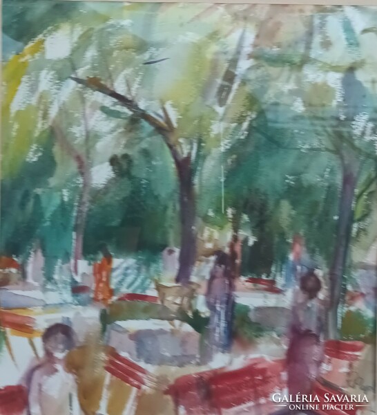 In the park - marked watercolor painting in blonde frame