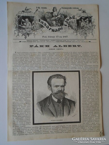 S0567 Albert Pákh - woodcut and article - 1867 newspaper front page