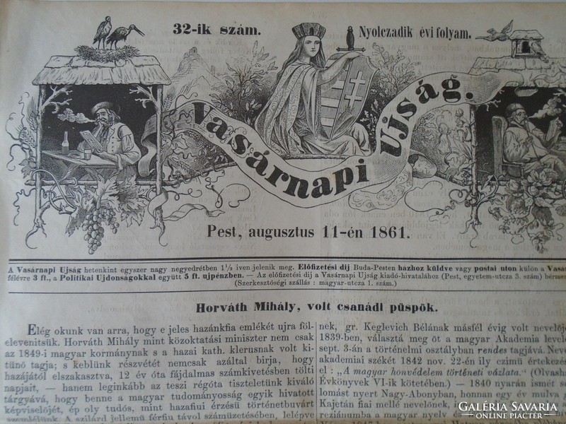 S0611 Mihály Szentes Horváth - Bishop of Csánád, Deputy Minister - woodcut and article - 1861 newspaper front page