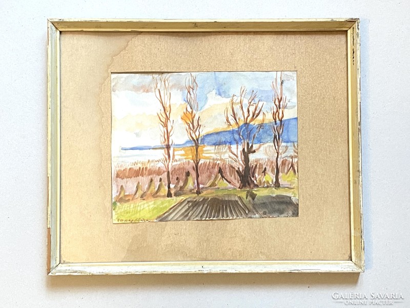 Herczeg kármá (1906-1997) balaton coast cozy marked retro watercolor painting in slatted frame