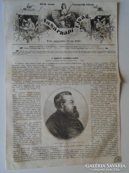 S0581 A Landerer nyomdász család - Landerer Lajos  - fametszet és cikk -1867-es újság címlapja