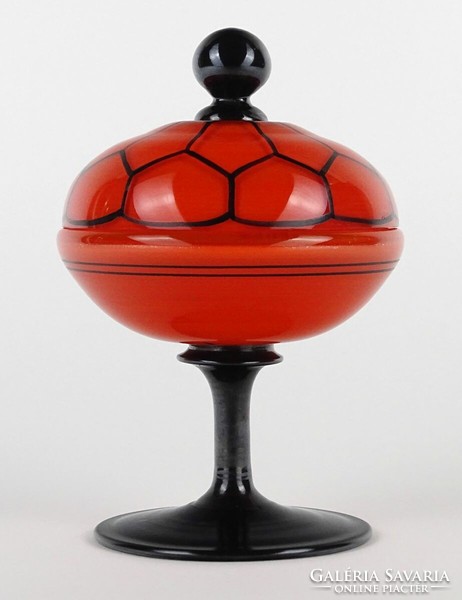 1O246 antique blown wilhelm kralik - loetz sole tango glass orange-black bonbonier 13 cm