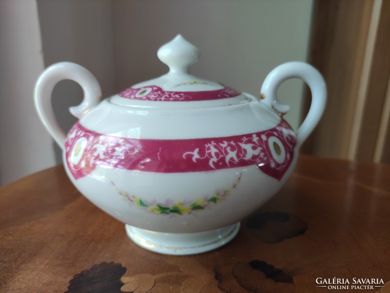 Beautiful two-handled porcelain sugar bowl with burgundy garland pattern