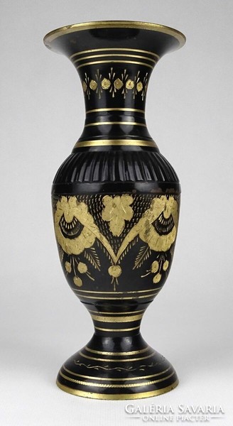 1M256 Régi jelzett festett fekete indiai réz váza 21.5 cm