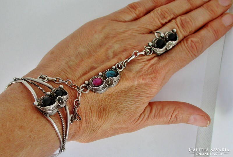 Beautiful old ring silver bracelet with ruby turquoise and onyx stones