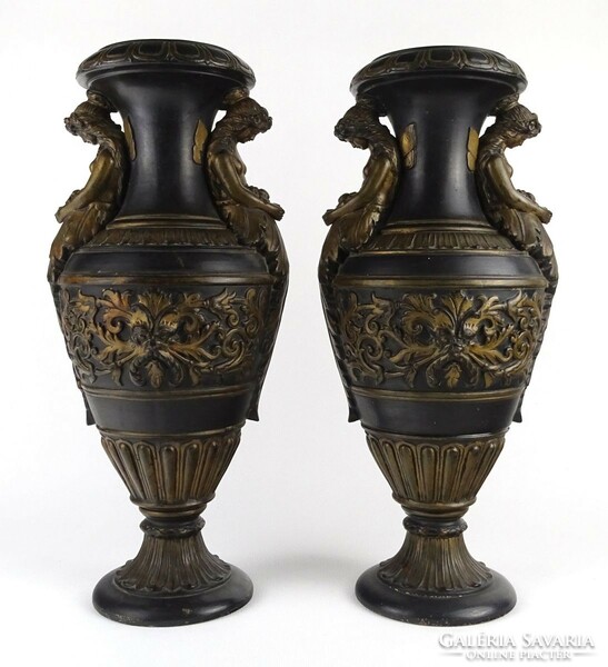1O173 Bernard Bloch : Antik osztrák faunfejes terrakotta váza pár 41.5 cm