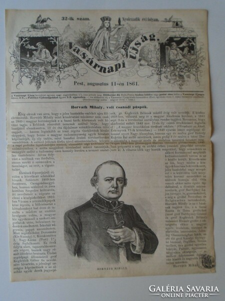 S0611 Horváth Mihály Szentes -Csanádi püspök, k.miniszter - fametszet és cikk-1861-es újság címlapja