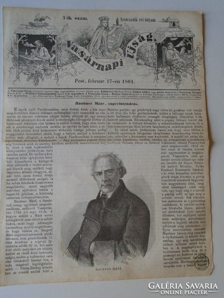 S0592   Haubner Máté   -Veszprém -evangélikus lelkész  - fametszet és cikk -1861-es újság címlapja