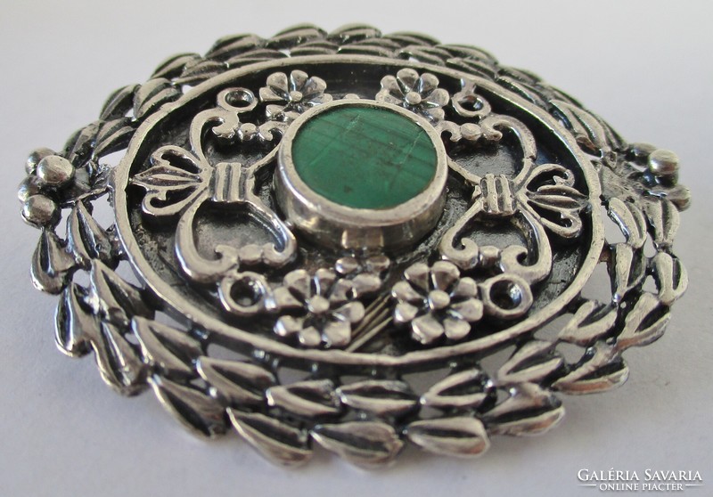 Wonderful old silver brooch with malachite stones