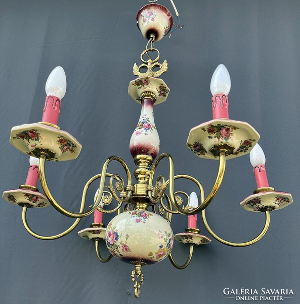 Red majolica chandelier. Eagle. Art deco.