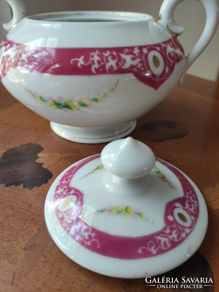 Beautiful two-handled porcelain sugar bowl with burgundy garland pattern