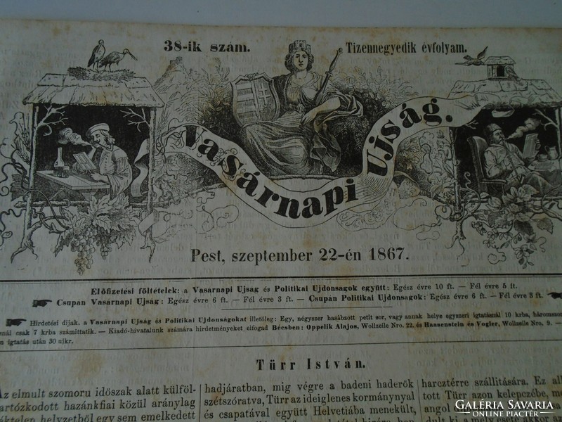 S0584 colonel istván türr - baja - woodcut and article - 1867 newspaper front page