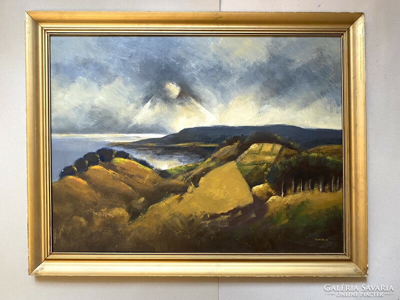 József Tímár (1940-) autumn Balaton gallery oil wood fiber landscape painting in gold frame