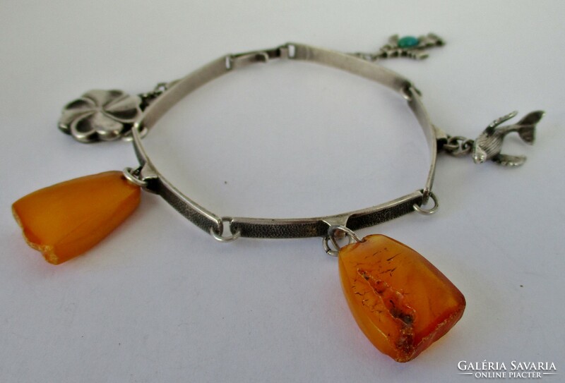 Beautiful antique Russian silver bracelet with amber, turquoise stones and silver ornaments