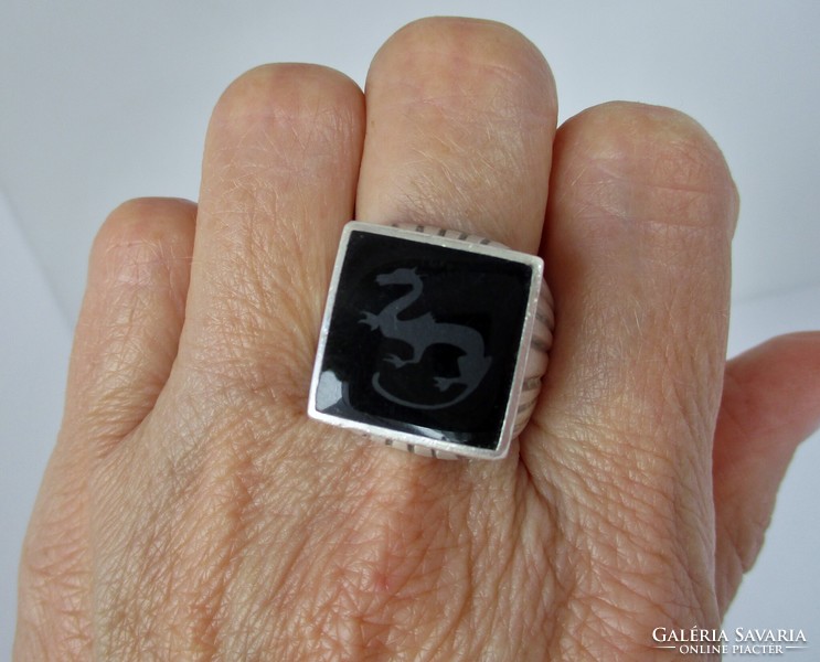 Beautiful old handmade silver ring with engraved onyx stone