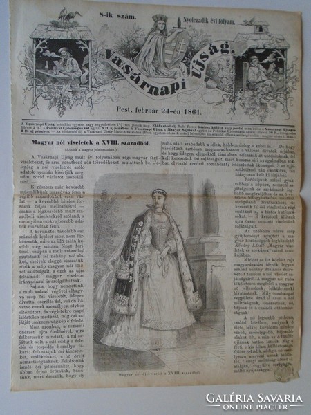 S0593 Magyar női díszviselet a XVIII. századból   - fametszet és cikk -1861-es újság címlapja