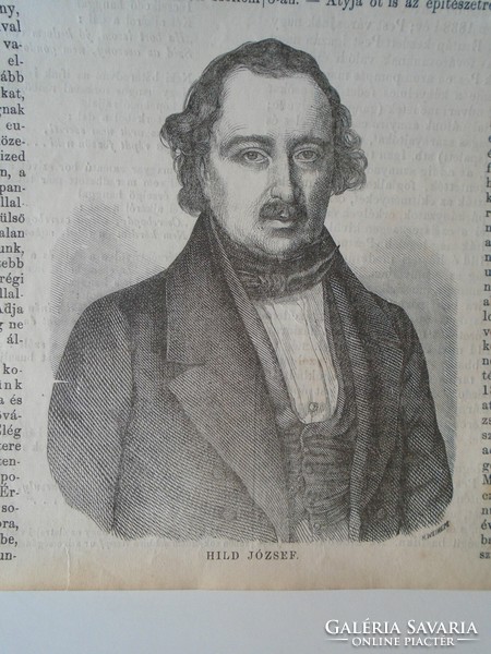 S0599  HILD József - építész,  Pest  -fametszet és cikk-1861-es újság címlapja