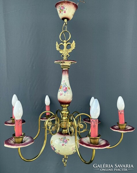 Red majolica chandelier. Eagle. Art deco.