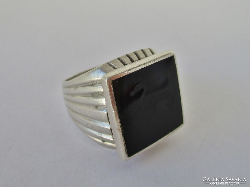 Beautiful old handmade silver ring with engraved onyx stone