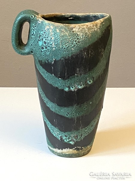 Judit Bártfay green striped retro ceramic jug vase 23 cm