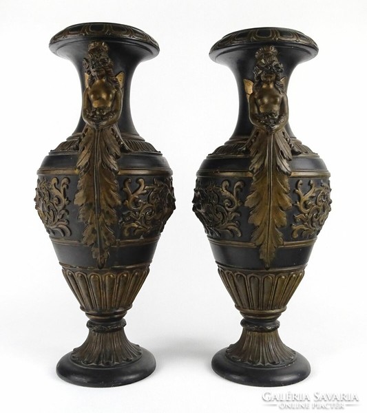 1O173 bernard bloch: antique Austrian faun head terracotta vase pair 41.5 Cm