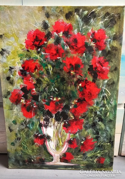 "Vörösrózsa -csokor"VIRÁGCSENDÉLET-festmény.70x 50 cm-es feszített vászon
