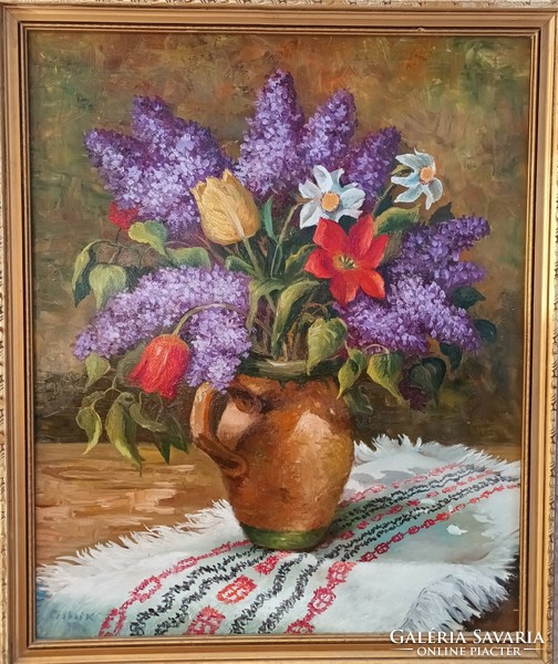 With Csaba Kalmán sign - flower still life - oil / wood