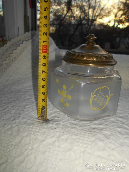 Antik festett üveg fém fedél   bonbonier ,cukortartó