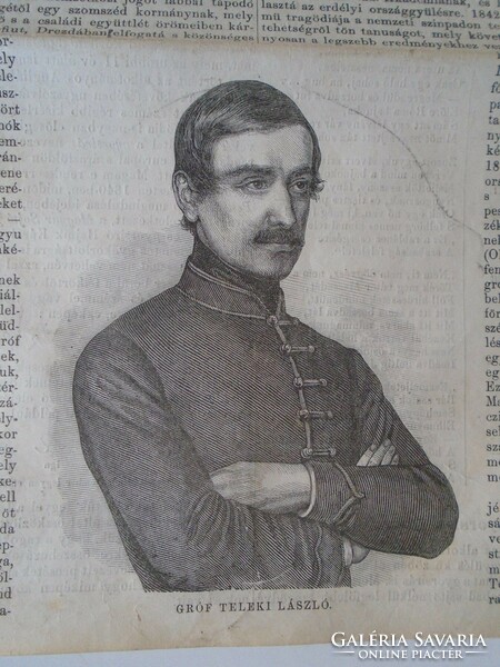 S0595 Gróf Teleki László, politikus, író, Abony - fametszet és cikk -1861-es újság címlapja