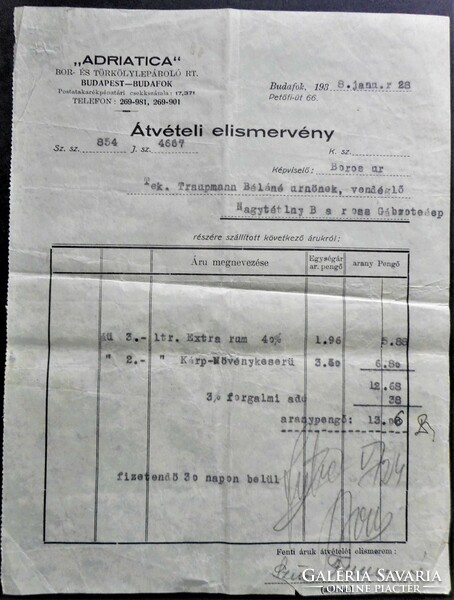 Régi Adriatica likőrös üveg + korabeli átvételi elismervénye (1936)