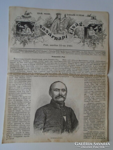 S0597 Somssich Pál  -a képviselőház elnöke - Somogysárd -fametszet és cikk-1861-es újság címlapja