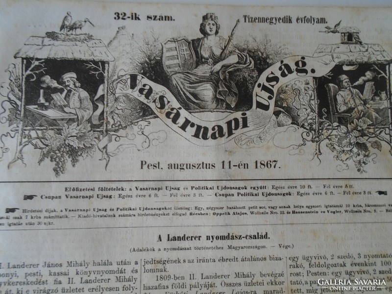 S0581 A Landerer nyomdász család - Landerer Lajos  - fametszet és cikk -1867-es újság címlapja