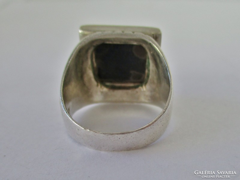 Beautiful old handmade silver ring with engraved onyx stone