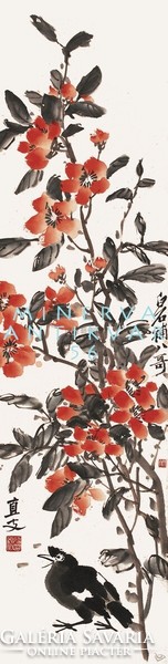 Csi Paj-si Kínai szilva virágos ág és szarka, kínai festmény falikép reprint nyomata