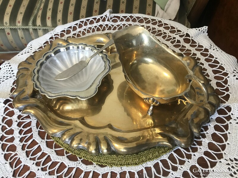 Antique! Alpaca table serving set on tray, caviar or pâté serving spreader and saucer