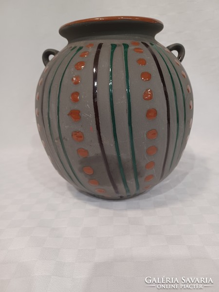 Spherical ceramic vase with stripes and dots