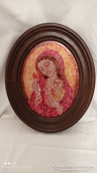 Erzsébet Balogh - mother with child - marked original fire enamel picture framed