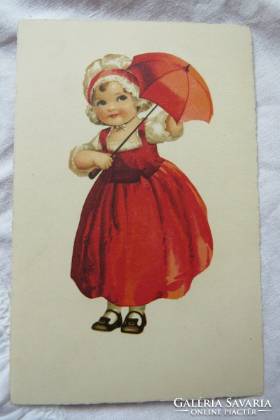 Old graphic postcard, boy / girl in red dress with umbrella, circa 1930