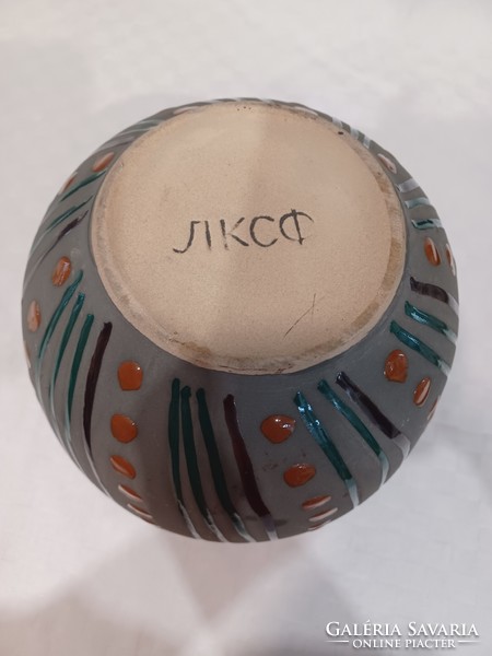 Spherical ceramic vase with stripes and dots